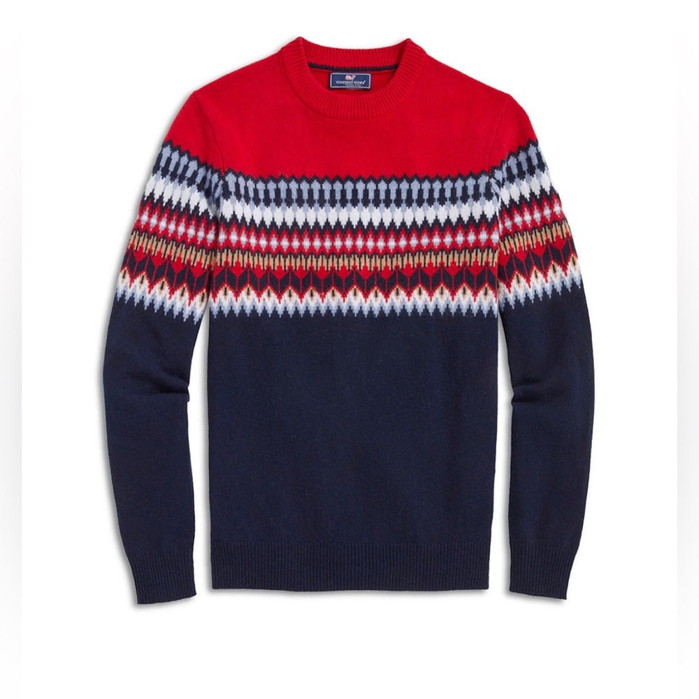 Vineyard Vine’s Men’s Fair Isle Crewneck Sweater in Red, White and Blue| L